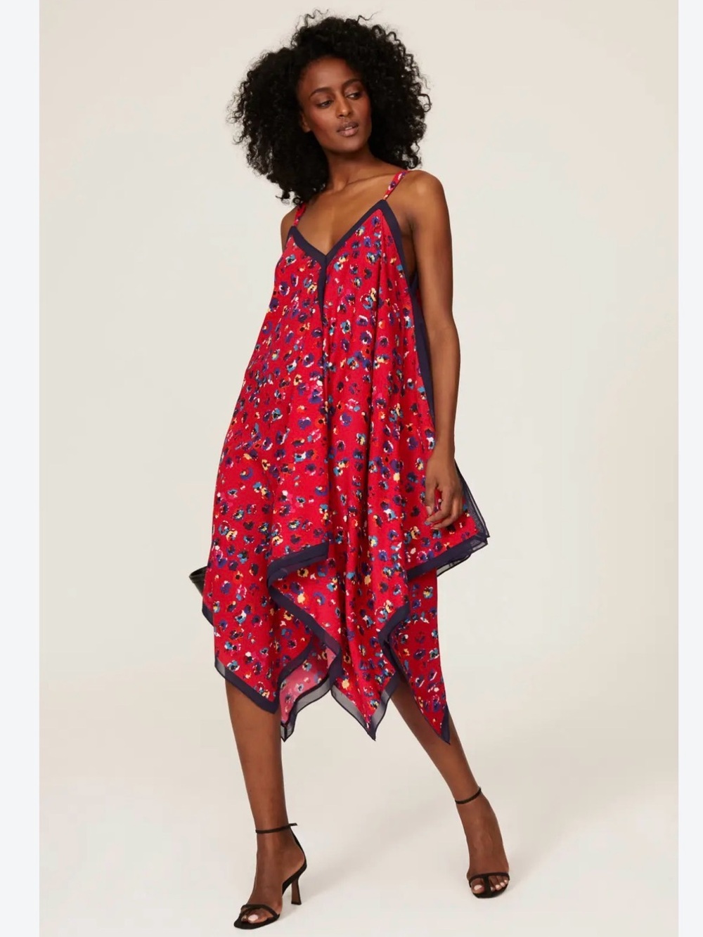 Jason Wu Red Floral Asymmetrical Handkerchief Hem Dress with Navy Trim